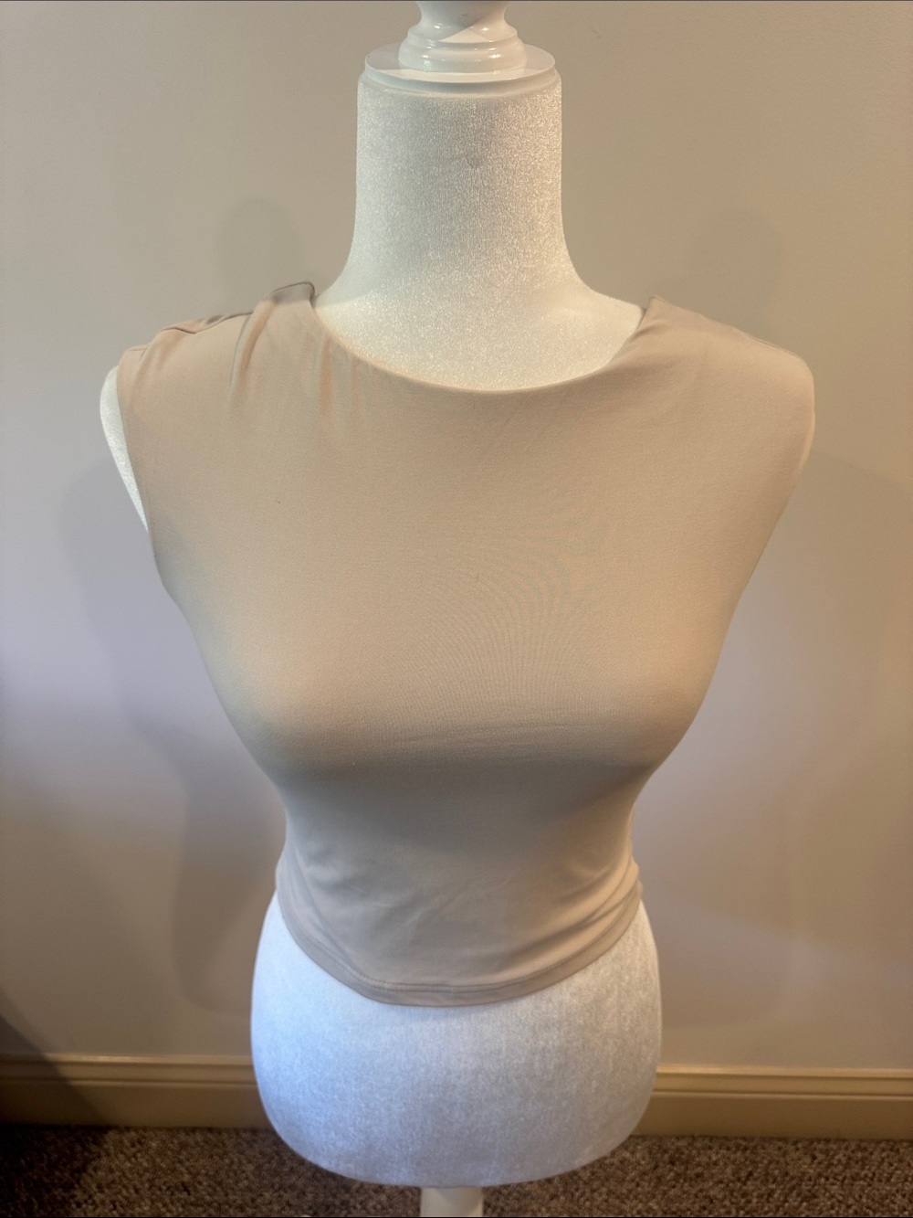 Sleek Crewneck Crop Tank Top - Beige